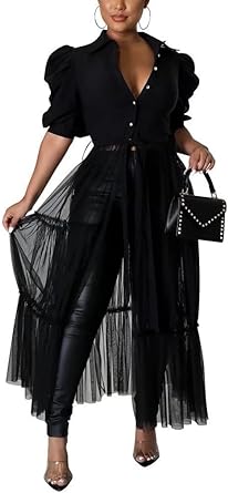 Photo 2 of Ekaliy Women’s Casual Mesh See Through Shirts Long Dresses with Belt V Neck Button Down Club LARGE