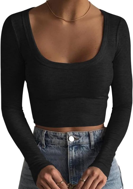 Photo 1 of Artfish Women's Square Neck Long Sleeve Ribbed Slim Fitted Casual Basic Crop Top