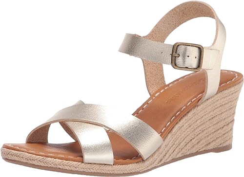 Photo 1 of AMAZON ESSENTIALWOMENS GOLD LOW TWEED HEEL SANDAL WITH CRISS CROSS AND ANKLE STRAP 12