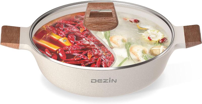 Photo 1 of **picture just a  reference** ** color of pot is gray** Dezin 5-QT Double-flavor Shabu Shabu Pot with Divider, Dual Sided Nonstick Hot Pot, 12 Inch Divided Hotpot Pot for Induction Cooktop, Gas Stove & Hot Burner, Soup Ladle Included Divided pot