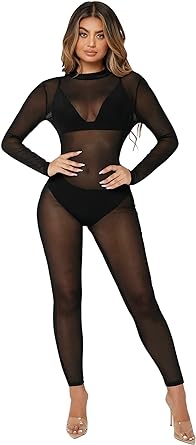 Photo 1 of MakeMeChic Women's Long Sleeve Cut Out Back Sheer Mesh Skinny Jumpsuit
