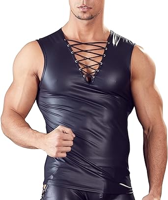 Photo 1 of black Panegy Men's Black Leather Tshirt Short Sleeve PVC Tunic & Sleeveless Tank Top M
