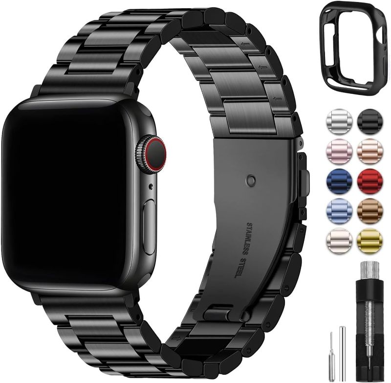 Photo 1 of Fullmosa Compatible Apple Watch Bands 49mm 45mm 44mm 42mm 41mm 40mm 38mm, Stainless Steel iWatch Band with Case for Apple Watch Ultra2 Ultra Series 9 8 7 6 5 4 3 2 1 SE SE2, 42mm 44mm 45mm Black
