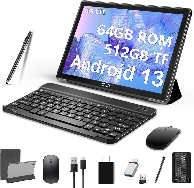 Photo 1 of 2024 Newest 10 Inch Tablet Android 13 Tablets with Keyboard, 12GB RAM 128GB ROM 512GB Expand, Octa-Core, 5G/2.4G WiFi, HD IPS Display, 8000mAh Tablet PC with Case Mouse GPS Split Screen Support-Black
