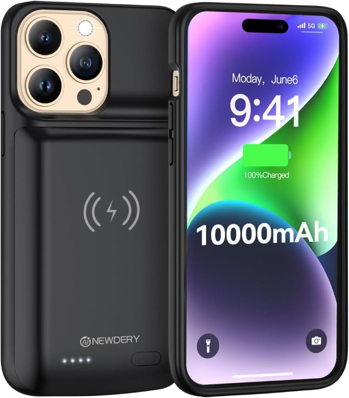 Photo 1 of NEWDERY 10000mAh Battery Case for iPhone 14/14 Pro/13/13 Pro, Wireless Charging & Wired Earphone & Sync-Data Supported, Portable Extended Charger Case for iPhone 14/13 Pro, 6.1 inch Black
