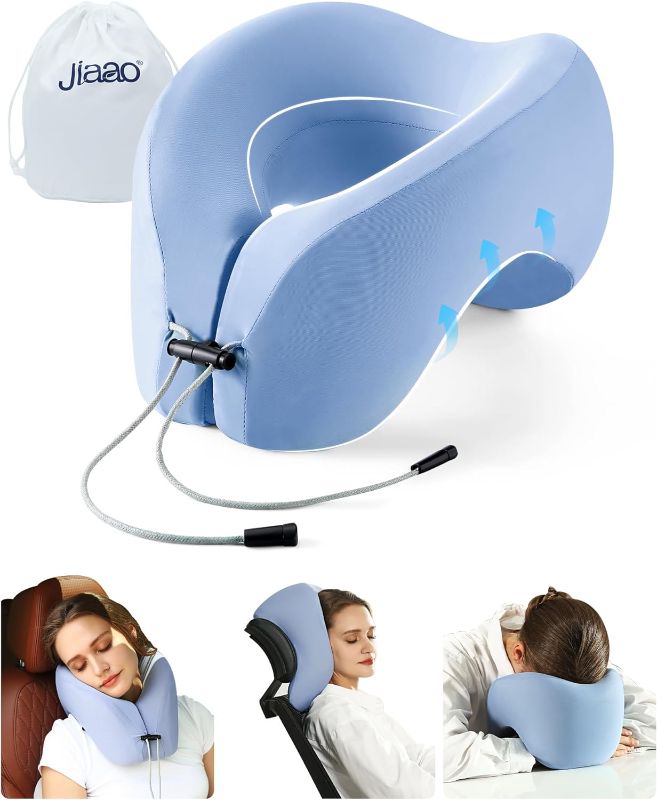 Photo 1 of jiaao Neck Pillow Airplane with 360-Degree Head Support, Memory Foam 2-in-1 Travel Pillow, Portable Adjustable Neck Pillow for Airplane, Car, Train, Bus Trip and Home Use-blue
