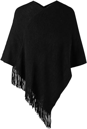 Photo 1 of LIKIN Women Poncho Sweater V Neck Solid Knit Pullover Cape Lightweight Shawl Elegant Wrap with Fringes Gifts for Women
