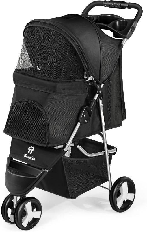 Photo 1 of ***USED - MISSING REAR AXLE AND WHEELS - SEE PICTURES***
Wedyvko Pet Stroller, 3 Wheel Foldable Cat Dog Stroller with Storage Basket and Cup Holder for Small and Medium Cats, Dogs, Puppy (Grey)