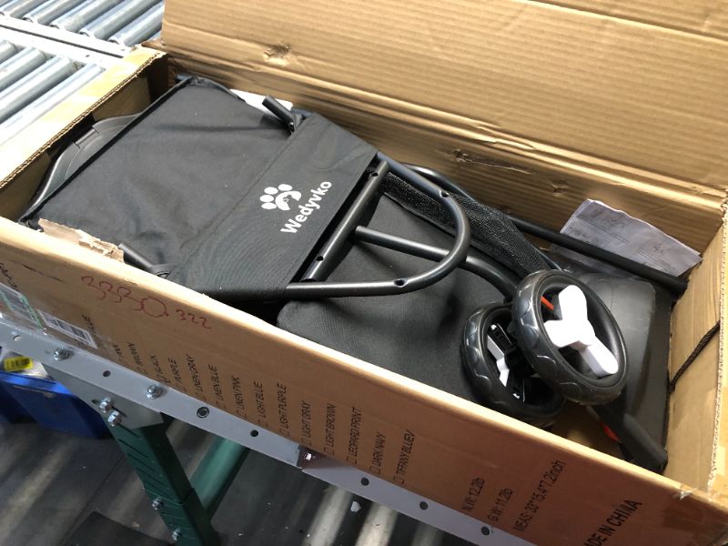 Photo 1 of ***USED - MISSING REAR AXLE AND WHEELS - SEE PICTURES***
Wedyvko Pet Stroller, 3 Wheel Foldable Cat Dog Stroller with Storage Basket and Cup Holder for Small and Medium Cats, Dogs, Puppy (Grey)