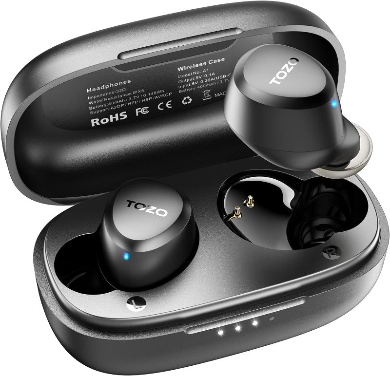 Photo 1 of TOZO A1 Mini Wireless Earbuds Bluetooth 5.3 in Ear Light-Weight Headphones Built-in Microphone, IPX5 Waterproof, Immersive Premium Sound Long Distance Connection Headset with Charging Case, Black