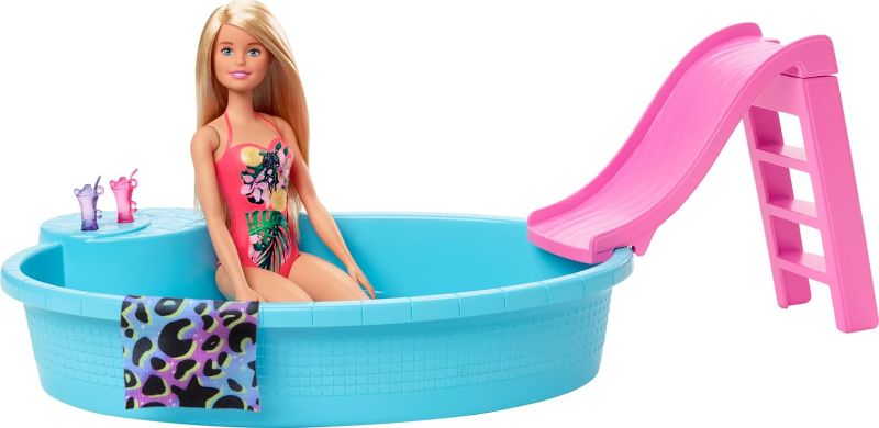 Photo 1 of ?Barbie Doll, 11.5-Inch Blonde, and Pool Playset with Slide and Accessories, Gift for 3 to 7 Year Olds