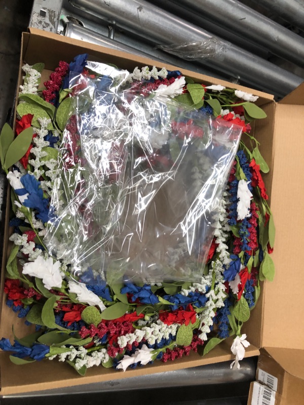 Photo 2 of 18 Inch Patriotic Day Wreath for Front Door, Red Blue White Flowers Green Leaves Wreath for Inside and Outside, Decorations for Memorial Day Independence Day Veterans Day Front Door Wall