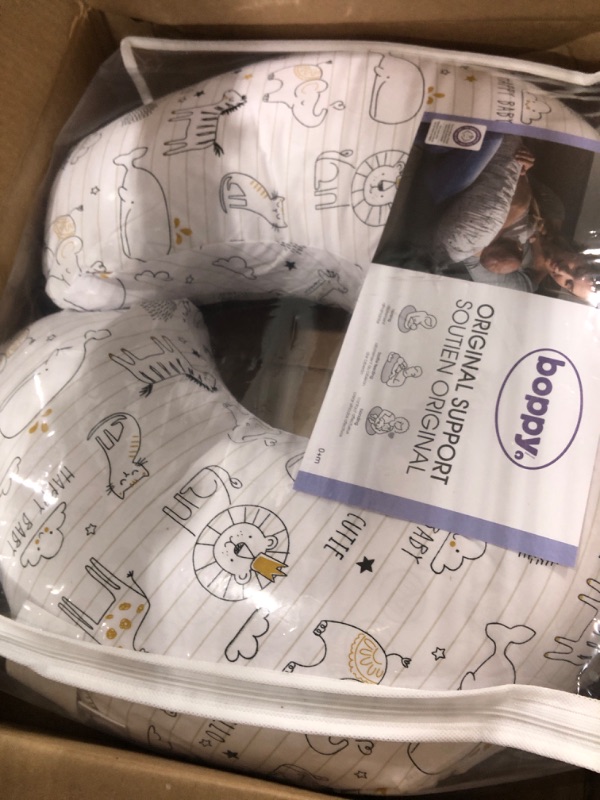 Photo 1 of Boppy Nursing Pillow and Positioner - Original, Notebook Black and White with Gold Animals, Breastfeeding, Bottle Feeding, Baby Support, with Removable Cotton Blend Cover, Awake-Time Support