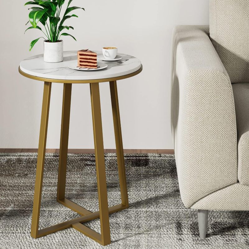 Photo 1 of Dorriss Round Small End Table White Marble Texture MDF Top,Metal Frame Gold Color, Tall Coffee Tea End Table for Bed Room, Living Room (White Marble+Gold)