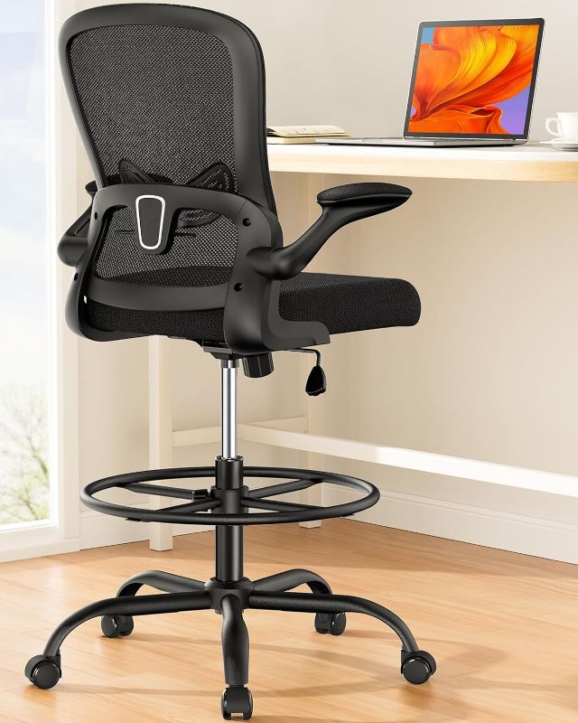 Photo 1 of ErGear Drafting Chair, Standing Desk Chair with Flip-Up Armrests, High Desk Chair Adjustable Height, Ergonomic Tall Office Chair with Lumbar Support and Adjustable Footrest Ring