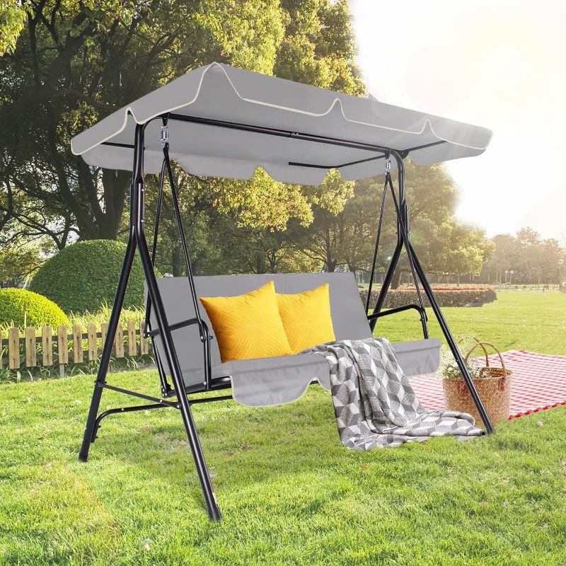 Photo 1 of 3-Seats Outdoor Patio Swing Chairs Porch Swing with Adjustable Tilt Canopy & Durable Steel Frame, Outdoor Swings for Adults with Removable Cushion, Best for Garden, Yard & Balcony, Grey