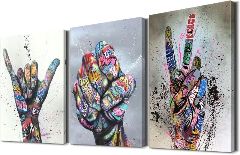 Photo 1 of 3 Pieces Graffiti Wall Art Colorful Wall Art Pop Art Wall Decor Graffiti Canvas Wall Art Colorful Posters Street Art Graffiti Art Colorful Canvas Wall Art for Living Room Decor (16''Wx24''Hx3PCS) Style-01 16"Wx24"Hx3PCS