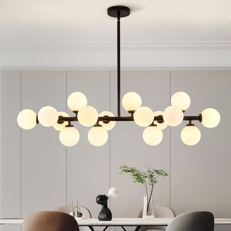 Photo 1 of APBEAMLighting Dining Room Chandelier Over Table Black Globe Chandelier Milky White Glass Globe Lampshade Mid Century Hanging Pendant Lighting Fixture for...
