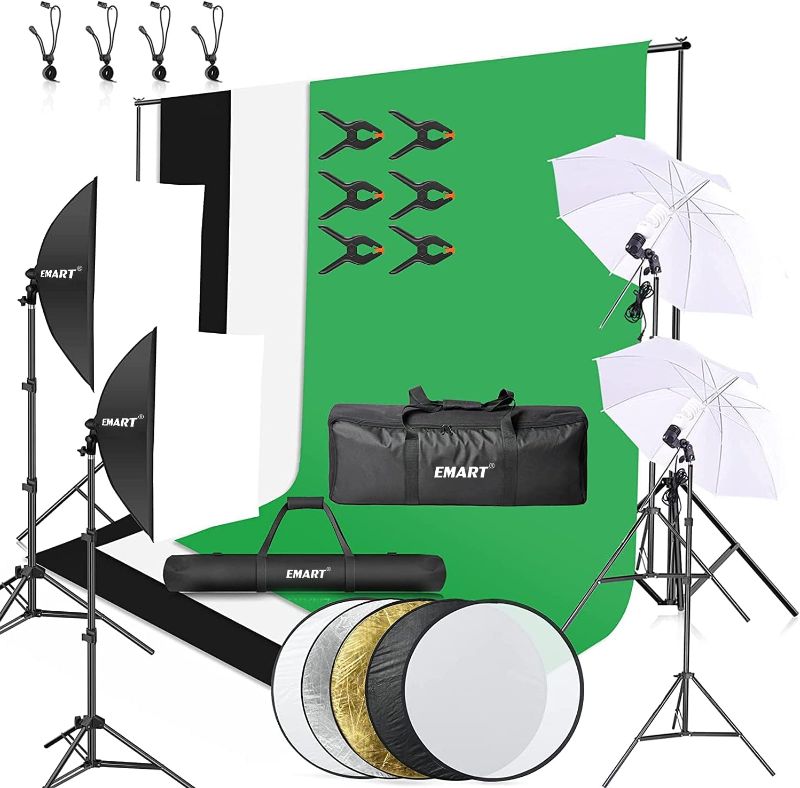 Photo 1 of EMART 8.5 x 10 ft Backdrop Support System, Professional Photography Lighting Kit with 43" Reflector | 6x9 FT Muslin Backdrop *3, Umbrellas&Softbox
