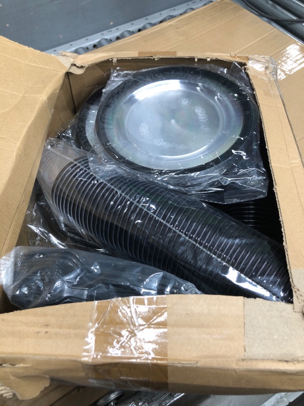 Photo 1 of Norme 500 Pcs Disposable Plastic Dinnerware Set, 100 Transparent Plastic Plates, 100 Plastic Cups 9 Oz, 100 Spoons, 100 Forks, 100 Knives for Birthday Wedding Christmas Thanksgiving (Black)
