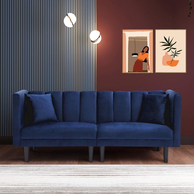 Photo 1 of 1 of 2 Navy Blue Convertible Futon Loveseat Sofabed, 2 Seaters Velvet Tufted Upholstered Sleeper Bed,3-in-1 Love Seat Sofa & Couch Soft Cushions Daybed W/Split Reclining Backrest & High Armrest