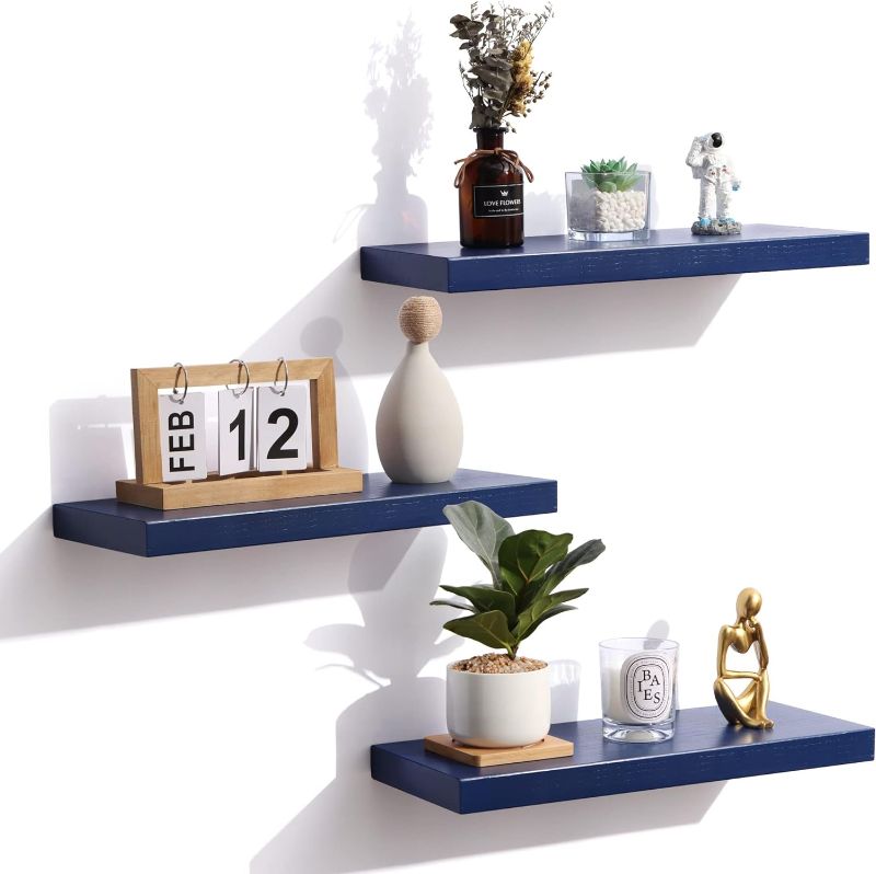 Photo 1 of Blue Floating Shelves for Wall, Solid Wood Floating Wall Mounted Shelves Set of 3, Modern Blue Shelves for Wall Decor Storage Bedroom Living Room Bathroom Kitchen - Dark Blue
