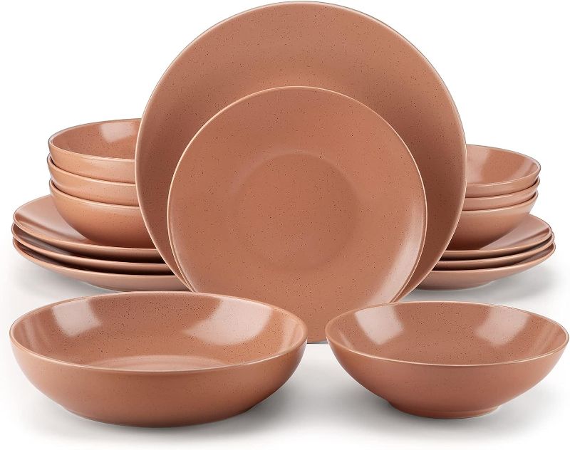 Photo 1 of vancasso Sabine Dinnerware Sets, 16 Pieces Stoneware Round Plates and Bowls Set, Semi-matte Dishes Set Service for 4, Dishwasher and Microwave Safe, Terracotta
