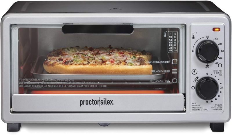 Photo 1 of Proctor Silex 4 Slice Countertop Toaster Oven, Multi-Function with Bake, Toast and Broiler, 1100 Watts, 30 min timer and auto-shutoff, Includes Backing Pan and Rack, Black and Silver (31260)
