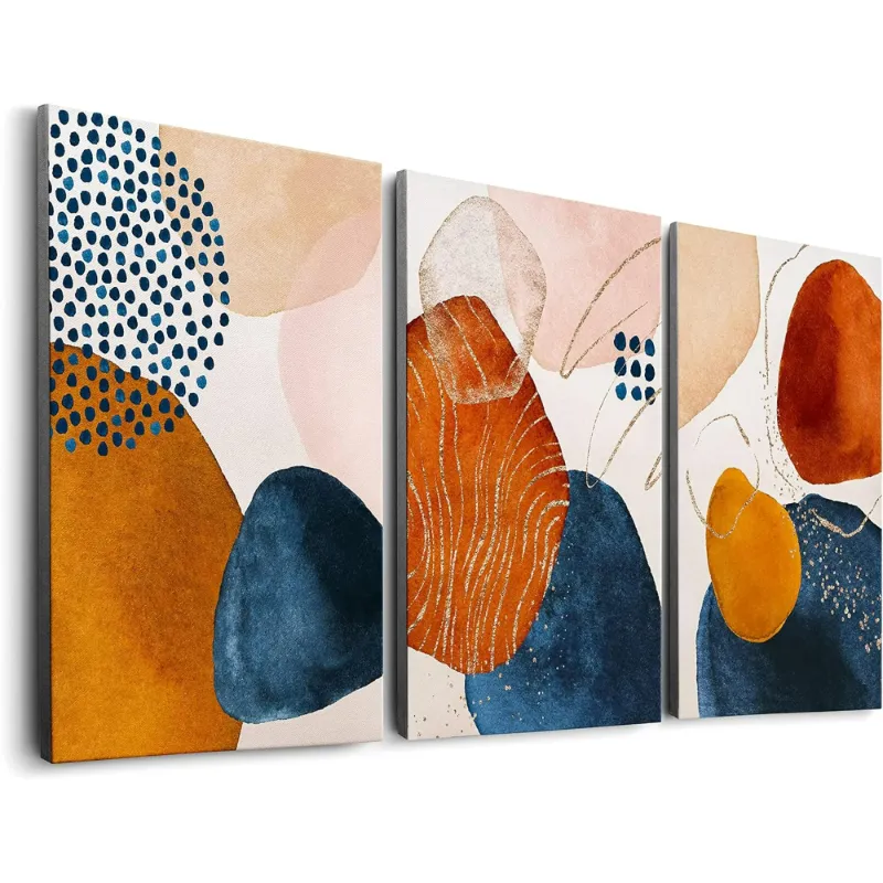 Photo 1 of Terracotta Blue and Orange Abstract Canvas Wall Art Set of 3 Burnt Orange Boho Wall Decor Navy Blue 3 Piece Mid Century Modern Wall Paintings Minimalist Naive Art Prints for Kitchen, Living
