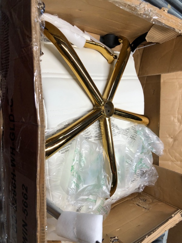 Photo 1 of ***USED - MISSING A WHEEL AND HARDWARE - OTHER PARTS LIKELY MISSING AS WELL***
Flash Furniture Whitney High Back Desk Chair - White LeatherSoft Executive Swivel Office Chair with Gold Frame - Swivel Arm Chair High Back White Leathersoft/Gold Frame