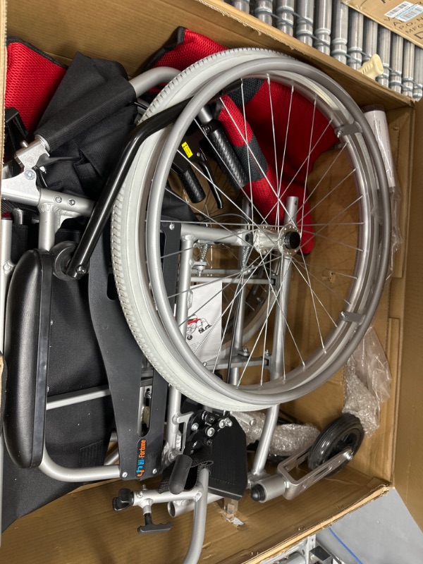 Photo 2 of Lightweight Wheelchair 21lbs Self-propelled Magnesium Chair with Travel Bag and Cushion, Portable and Folding 17.5” W Seat, Brake, Anti-Tipper, Swing-Away Footrests, 220lbs Weight Capacity Redgray Original