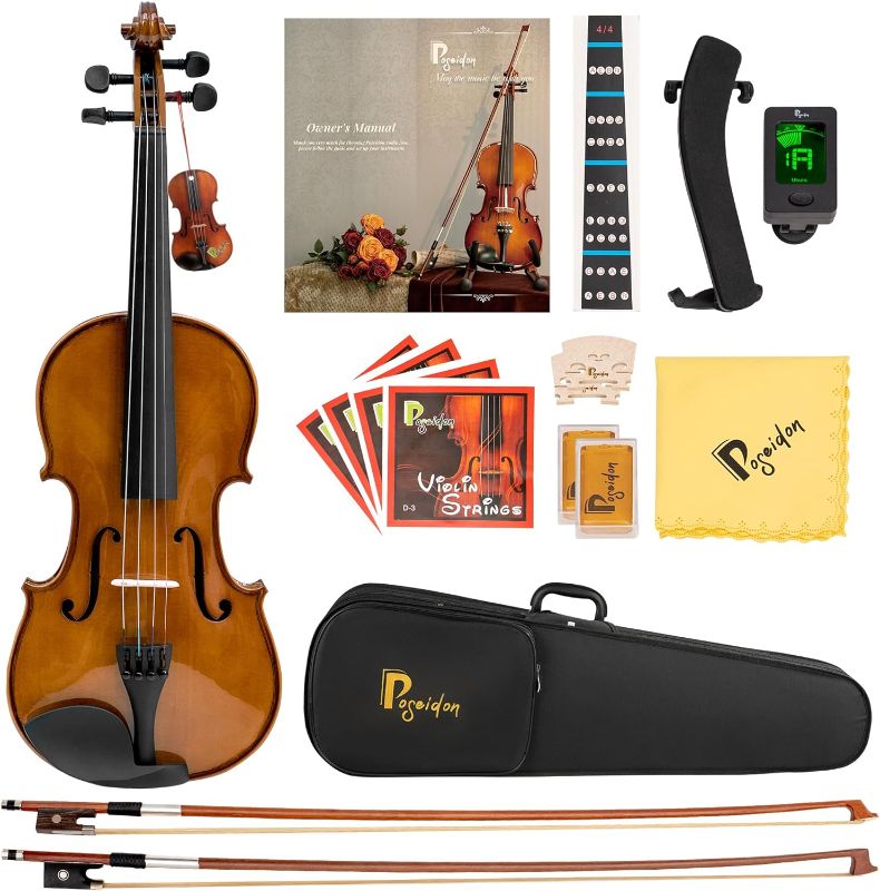 Photo 1 of **SEE NOTES** Poseidon Violin for Beginners, Kids Adults Beginner Kit For Student Black Solidwood Spruce Stringed Musical Instruments with Hard Case, Extra Bows, Extra Strings, Shoulder Rest, Rosin, Clip-on Tuner 4/4 brown