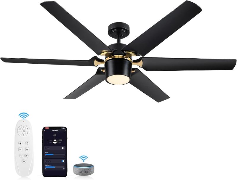 Photo 1 of 60 inch Black Ceiling Fans with Lights and Remote, Modern Smart Ceiling Fan Compatible with Alexa, Google Home & Smart APP, Reversible Dimmable DC Ceiling Fan for Indoor or Covered Outdoor