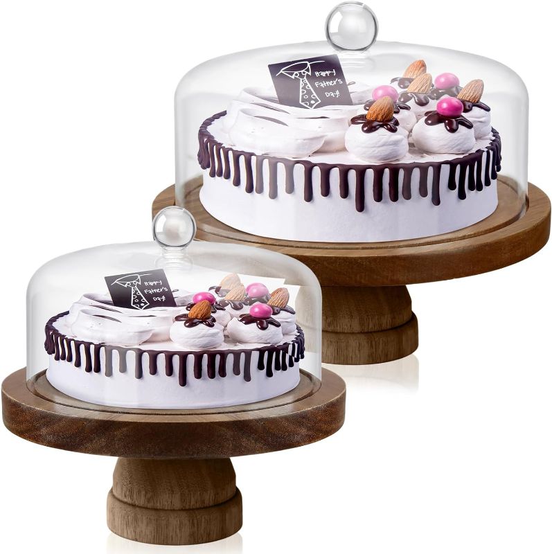 Photo 1 of 2 Sizes Cake Stand with Dome Lid, Acacia Wood Cake Stand with Acrylic Lid Cake Plate with Clear Shatterproof Cover Round Cake Holder Wooden Pastries Tray for Home Party Favors Kitchen