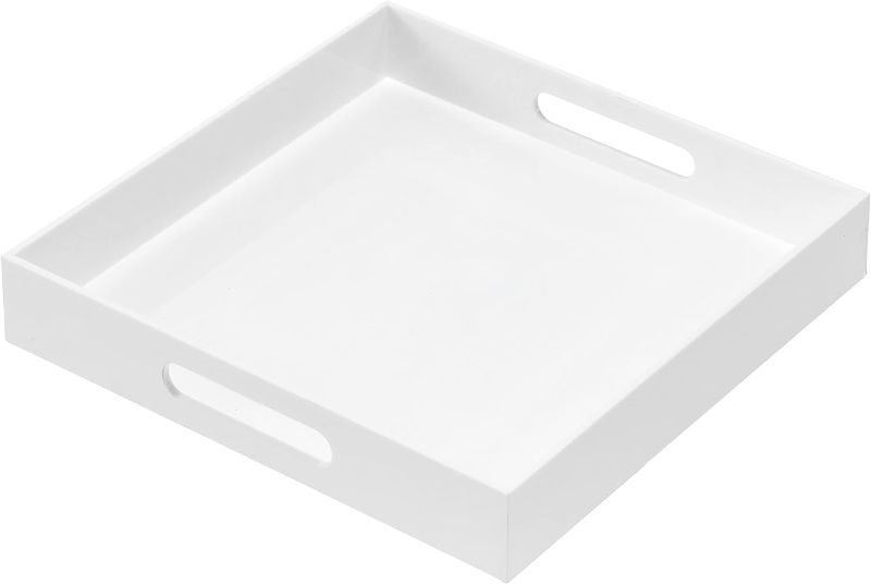 Photo 1 of Glossy White Acrylic Serving Tray with Handles, 12x12x2H Inches - Spill Proof, Decorative Trays for Countertop, Ottoman Coffee Table, Nightstand, Breakfast, Tea, Food
