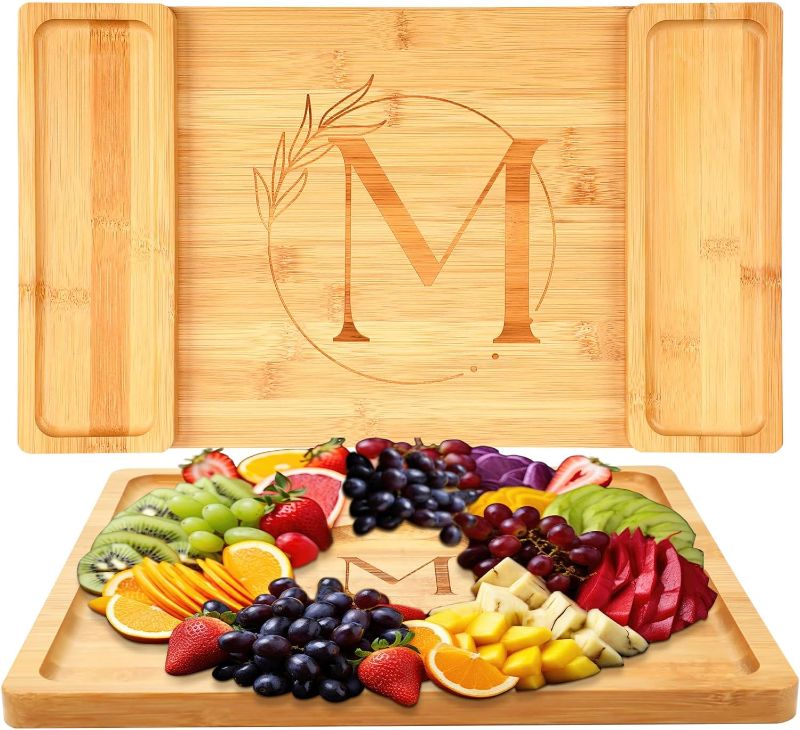 Photo 1 of 2 Pcs Bamboo Charcuterie Boards and Cheese Board Set with Monogrammed, Side Serving Tray for Housewarming Wedding