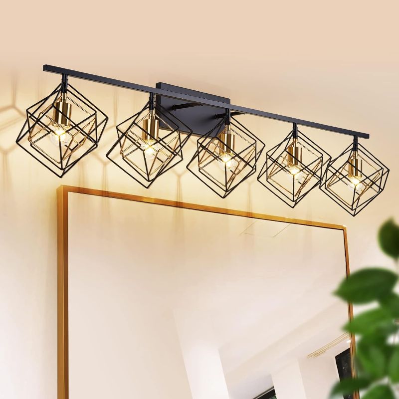 Photo 1 of 5 Lights Bathroom Vanity Light with 5 Bulbs, Industrial Bathroom Light Fixtures Over Mirror | Matte Black & Gold Metal with Unique Rotatable 3 Cube Shades, Modern Wall Mounted Rustic Vanity
