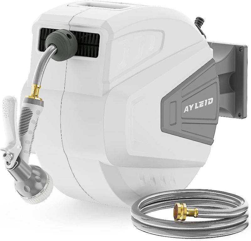 Photo 1 of ***SEE NOTES*** Ayleid Retractable Garden Hose Reel,1/2 in x 65 ft Wall Mounted Hose Reel, with 9- Function Sprayer Nozzle, Any Length Lock/Slow Return System/Wall Mounted/180°Swivel Bracket (Grey)
