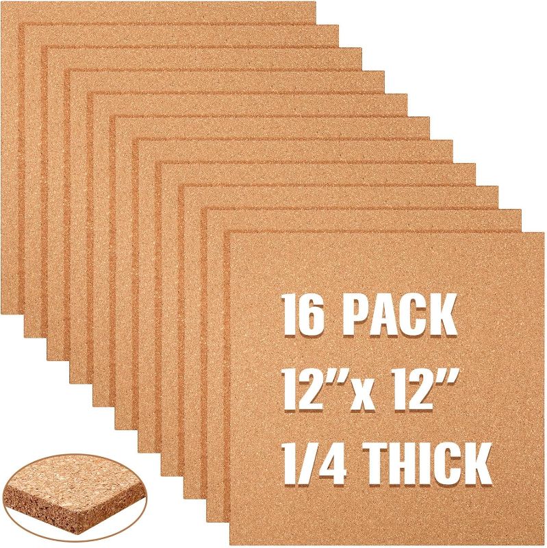 Photo 1 of 16 Pieces Cork Board Tiles 12 x 12 Square Bulletin Board 1/4 Thick Cork Board with 80 Self Adhesive Squares Included for Office, School and Home