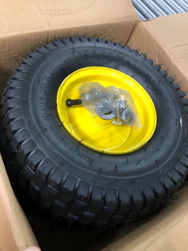 Photo 2 of 13x5.00-6 Tire and Wheel Assembly (2-Pack), Tubeless Lawn Mower Tire with Rim, with 3/4” Bushings and 3” Centered Hub Length
