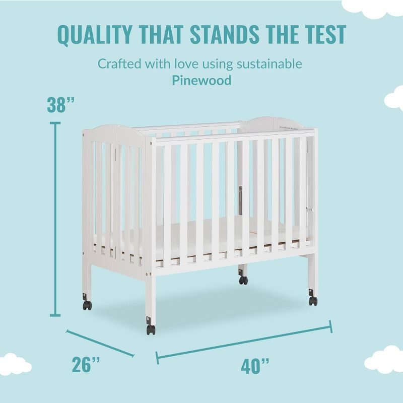 Photo 4 of (NON-REFUNDABLE) Dream On Me 2-In-1 Portable Folding Stationary Side Crib In White, Greenguard Gold Certified, Two Adjustable Mattress Height Positions,Made Of Solid Pinewood, Flat Folding Crib