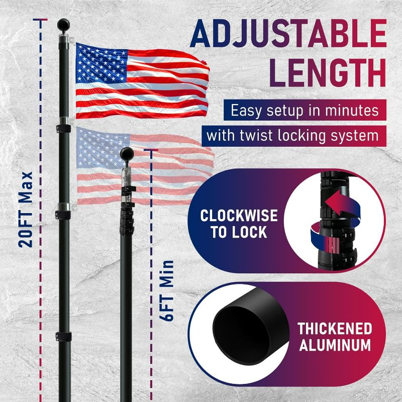 Photo 4 of (NON-REFUNDABLE) Hooomyai 20FT Telescopic Flag Pole Kit, Heavy Duty Aluminum Telescoping Flagpole Kit Fly 2 Flags, Outdoor In Ground Flagpole with 3x5 USA Flag & Black Ball Top for Residential or Commercial, Black