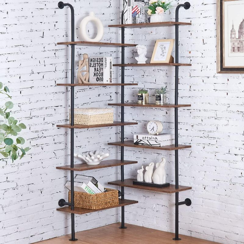 Photo 1 of ***USED - LIKELY MISSING PARTS - UNABLE TO VERIFY FUNCTIONALITY***
HOMBAZAAR Bookshelf,10-Tier L Shaped Bookshelf, Industrial Double Wide Wall Mount Shelf, Modern Bookcase with Metal Frame and Wood, Wall Industrial Corner Pipe Shelf for Living Room and Of