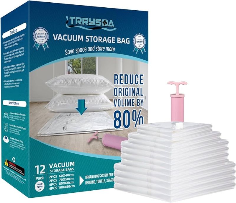 Photo 1 of 12 Pack Vacuum Storage Bags - 4 Jumbo, 4 Large, 2 Medium & 2 Small - Space Saver Vacuum Storage Bags For Bedding, Clothes & Blankets - Durable, Reusable & With Complimentary Hand Pump