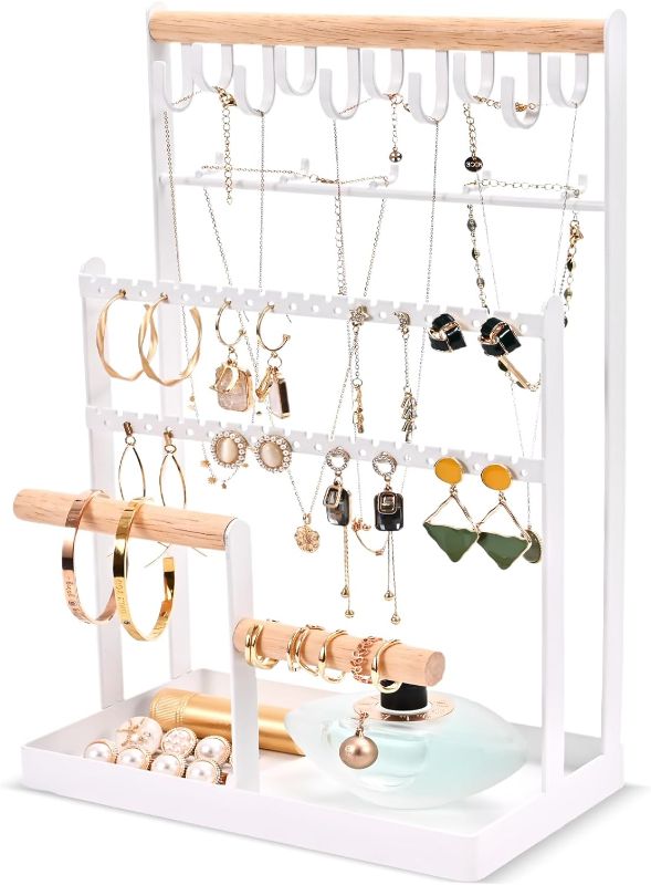 Photo 1 of Lolalet Jewelry Holder Organizer Jewelry Stand, 6 Tier Jewelry Rack Necklace Holder Organizer with 15 Hooks and Bottom Tray, Jewelry Tower Display Storage Tree for Bracelets Earrings Rings -White