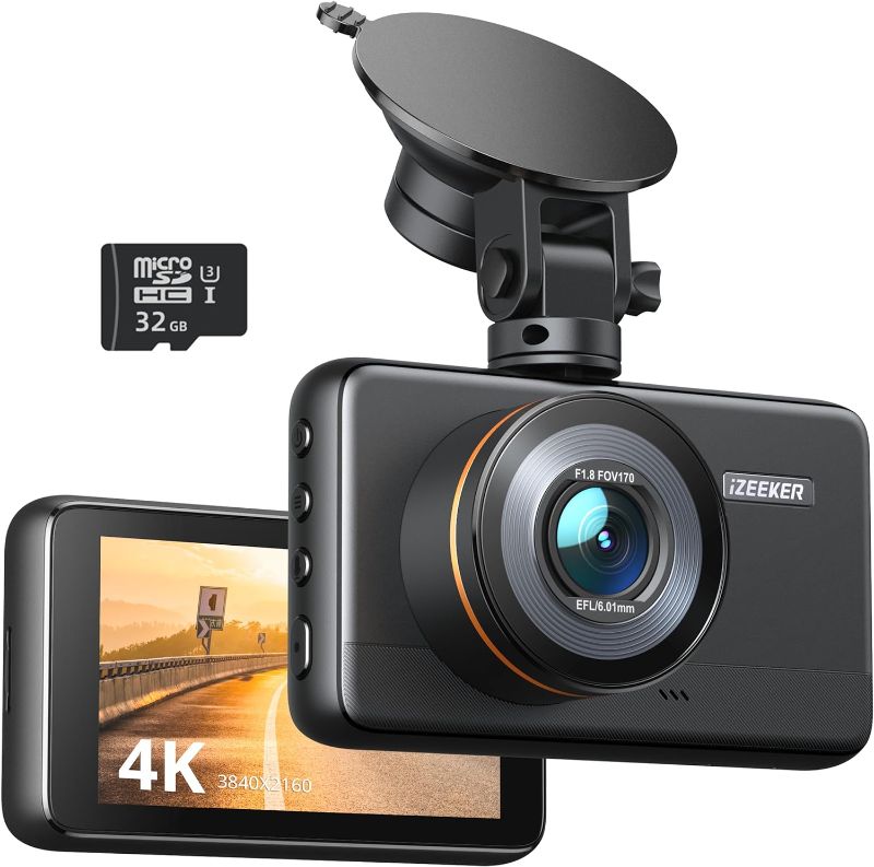 Photo 1 of iZEEKER Dash Cam 4K, 2160P/1080P Dash Camera for Cars, WDR Night Vision Car Camera with Emergency Recording, Parking Monitoring, G-Sensor, 32GB MicroSD Card
