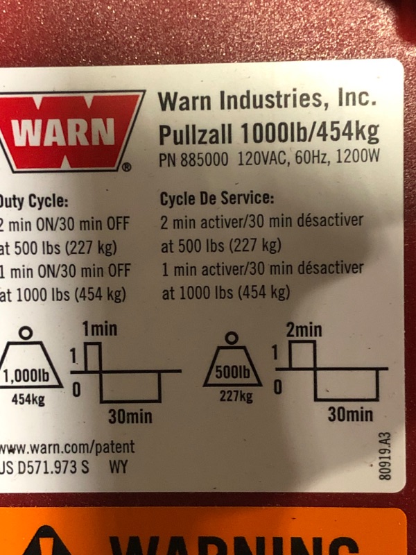 Photo 4 of (PARTS ONLY/ NO REFUNDS) WARN 885000 PullzAll Corded 120V AC Portable Electric Winch with Steel Cable: 1/2 Ton (1,000 Lb) Pulling Capacity , Red