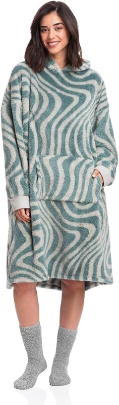 Photo 1 of Mad Dog Sherpa Fleece Wearable Blanket Hoodie for Adult Women with Long Sleeves, Cozy Hooded Poncho Jacket