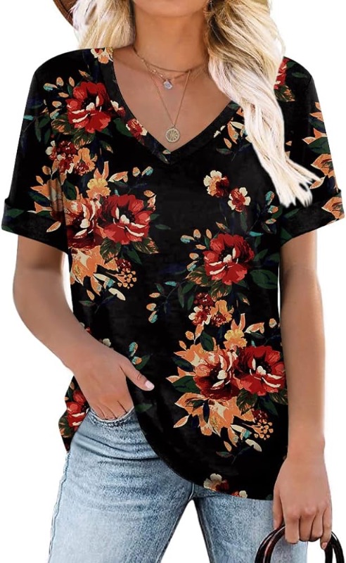 Photo 1 of LONGYUAN Women's V-Neck Tee Summer Tshirts Casual Short Sleeve Tops Loose Blouse Fit Tunic Soft