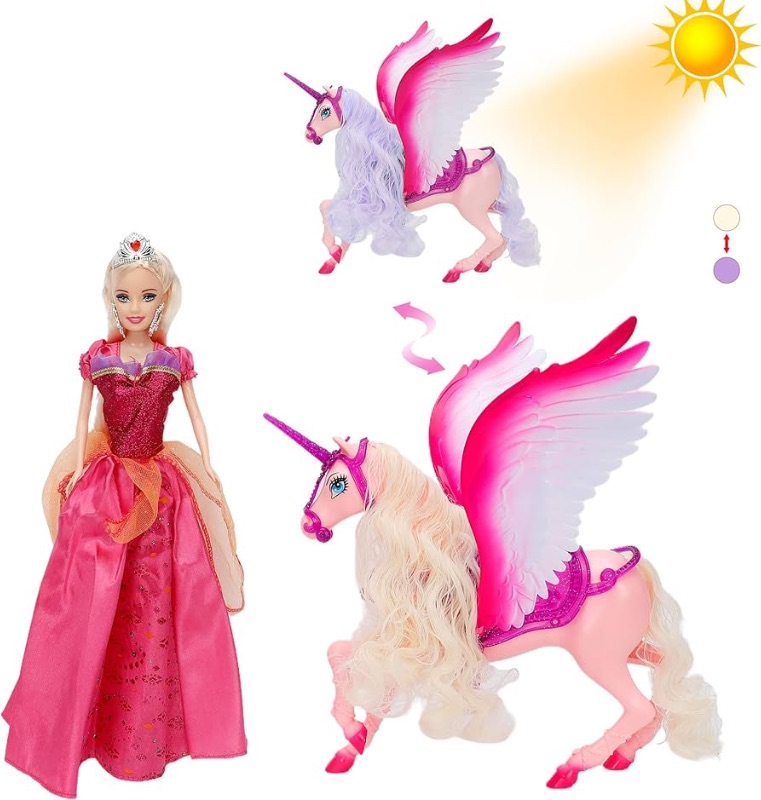 Photo 1 of BETTINA Princess Doll with Color Changing Unicorn Toys, Unicorn Changes Color Under Sunshine - Pink